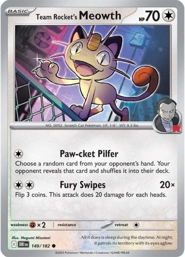 Team Rocket’s Meowth 149/182 Reverse Holofoil SV10: Destined Rivals Team Rocket’s Meowth 149/182 Reverse Holofoil SV10: Destined Rivals