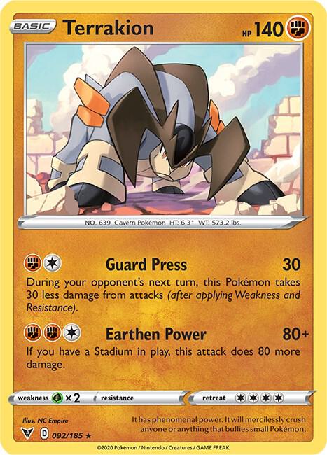Terrakion 092/185 Reverse Holofoil SWSH04: Vivid Voltage Terrakion 092/185 Reverse Holofoil SWSH04: Vivid Voltage