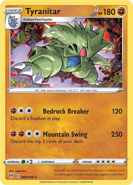Tyranitar 088/189 Holofoil SWSH03: Darkness Ablaze Tyranitar 088/189 Holofoil SWSH03: Darkness Ablaze