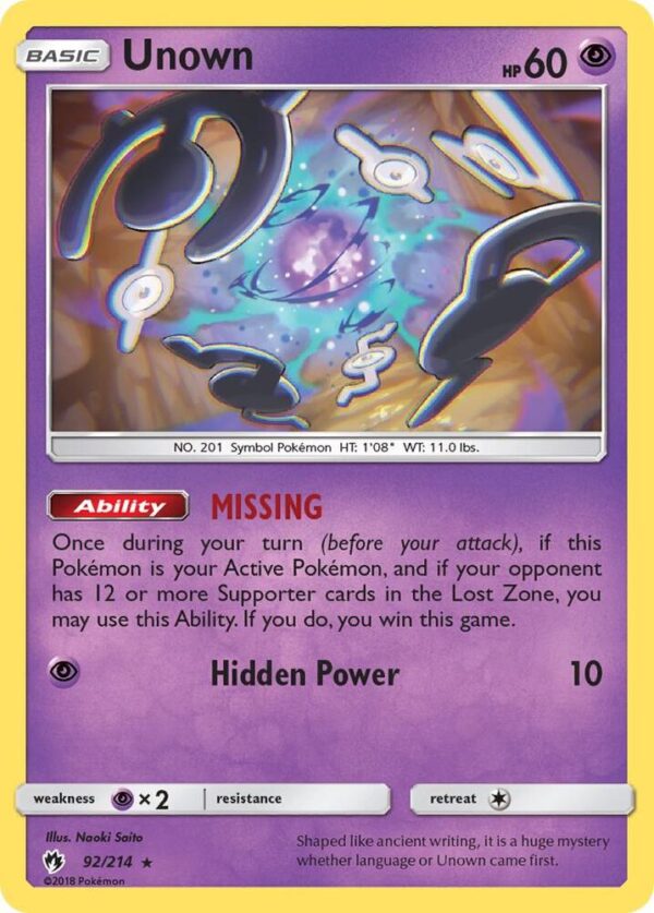 Unown (92) 92/214 Reverse Holofoil SM – Lost Thunder