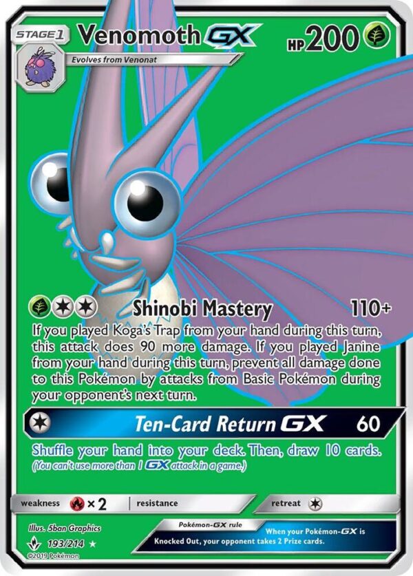 Venomoth GX (Full Art) 193/214 Holofoil SM – Unbroken Bonds Venomoth GX (Full Art) 193/214 Holofoil SM – Unbroken Bonds
