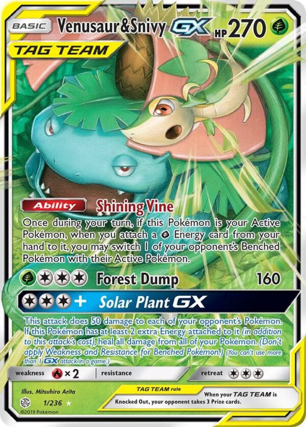 Venusaur & Snivy GX 1/236 Holofoil SM – Cosmic Eclipse Venusaur & Snivy GX 1/236 Holofoil SM – Cosmic Eclipse