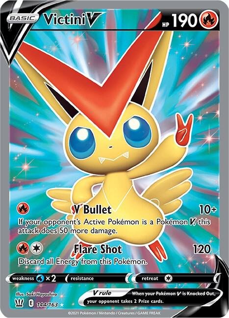 Victini V (Full Art) 144/163 Holofoil SWSH05: Battle Styles Victini V (Full Art) 144/163 Holofoil SWSH05: Battle Styles