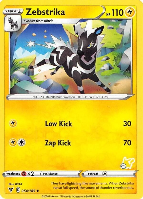 Zebstrika 054/185 (#25 Pikachu Stamped) Normal Battle Academy 2022 Zebstrika 054/185 (#25 Pikachu Stamped) Normal Battle Academy 2022