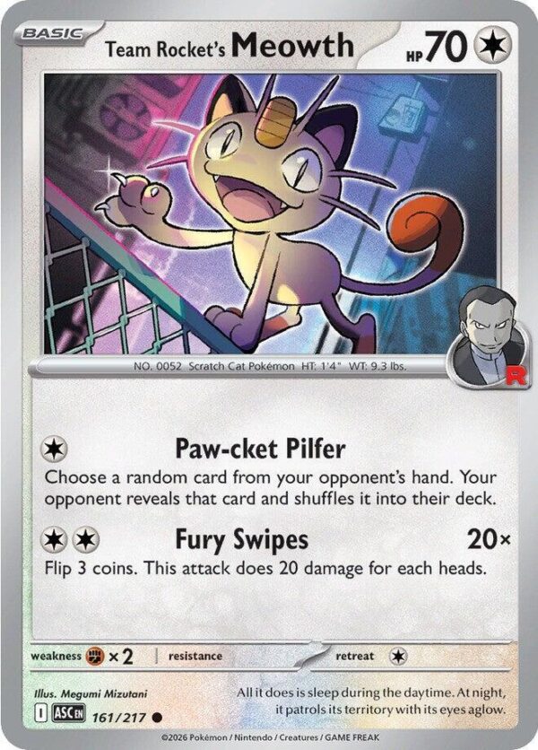 Team Rocket’s Meowth 161/217 Normal ME: Ascended Heroes Team Rocket’s Meowth 161/217 Normal ME: Ascended Heroes