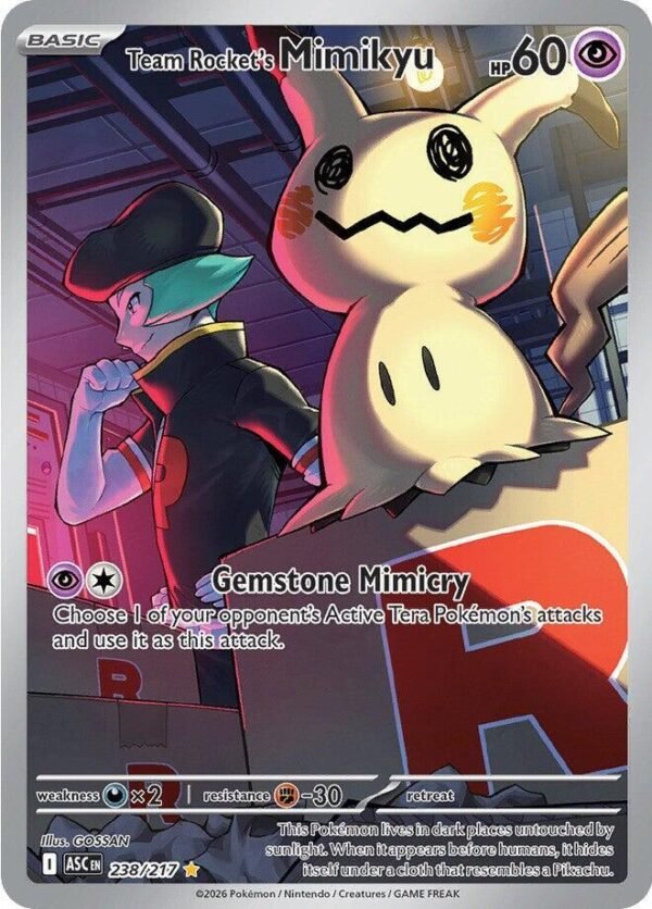 Team Rocket’s Mimikyu 238/217 Holofoil ME: Ascended Heroes Team Rocket’s Mimikyu 238/217 Holofoil ME: Ascended Heroes