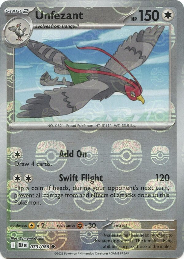 Unfezant (Master Ball Pattern) 073/086 Holofoil SV: Black Bolt Unfezant (Master Ball Pattern) 073/086 Holofoil SV: Black Bolt