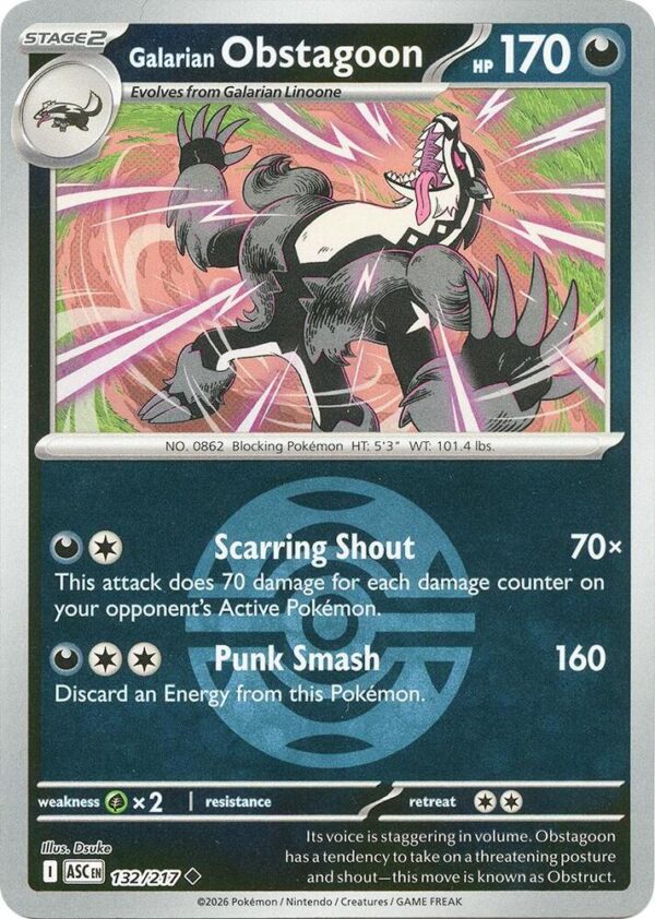 Galarian Obstagoon 132/217 (Dusk Ball) Reverse Holofoil ME: Ascended Heroes