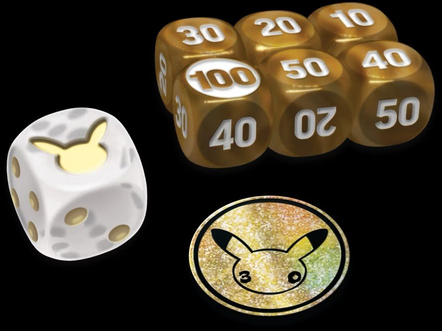 Dados contadores de daño y moneda Pikachu de 30th Celebration ETB