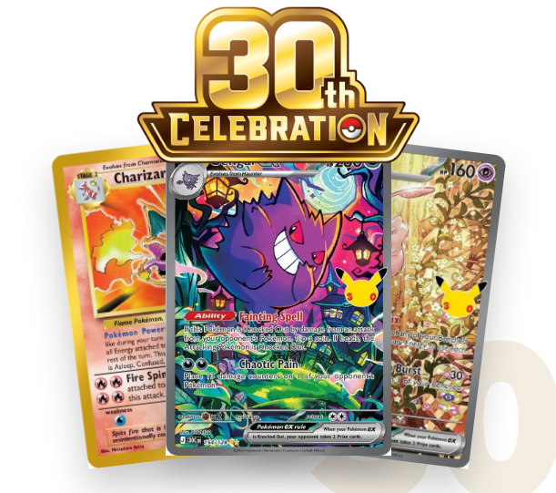 Pokémon TCG 30th Celebration con Charizard, Gengar ex y Mew ex