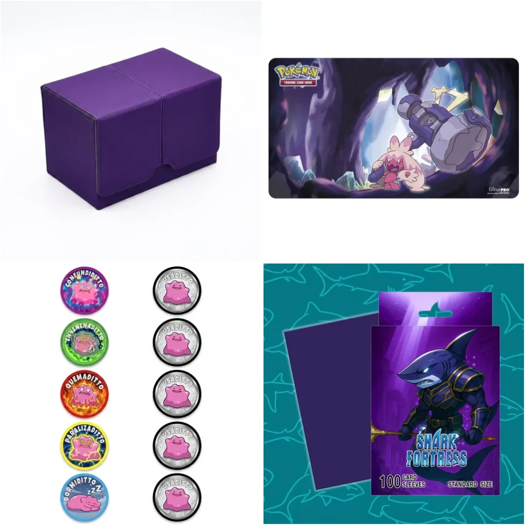 Kit Inicial Morado: deck box morado, playmat Tinkaton, marcadores Ditto y sleeves purple
