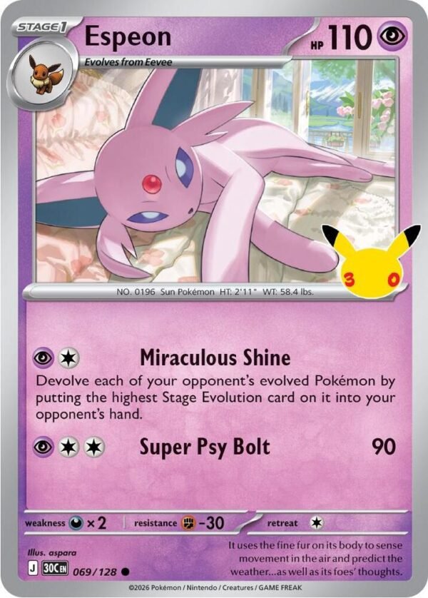 tcg-696678 Espeon 069/128 con el ataque Miraculous Shine de Pokémon TCG 30th Celebration