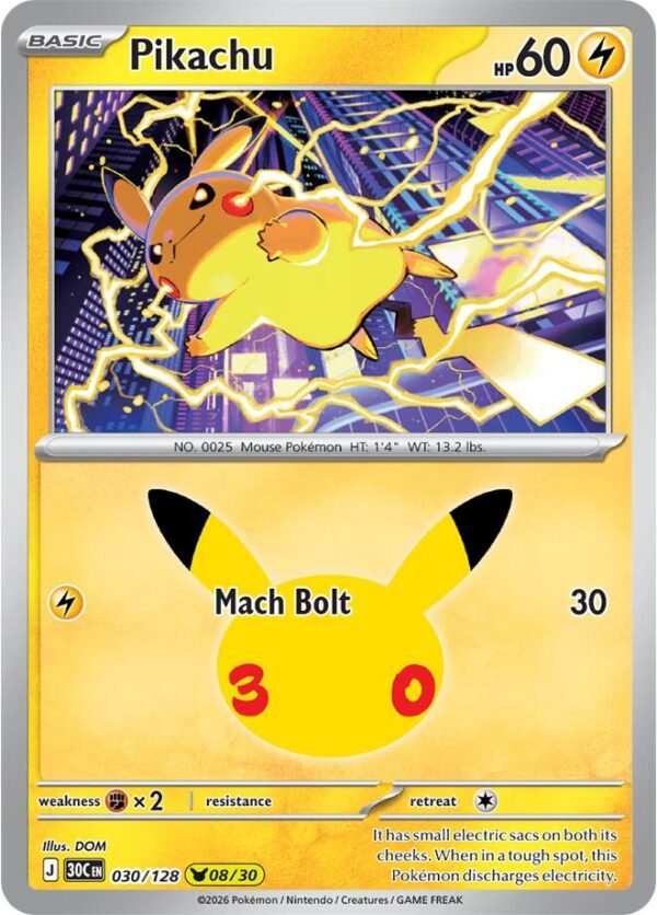 Pikachu - 030/128 | 030/128 | Holofoil | ME: 30th Celebration