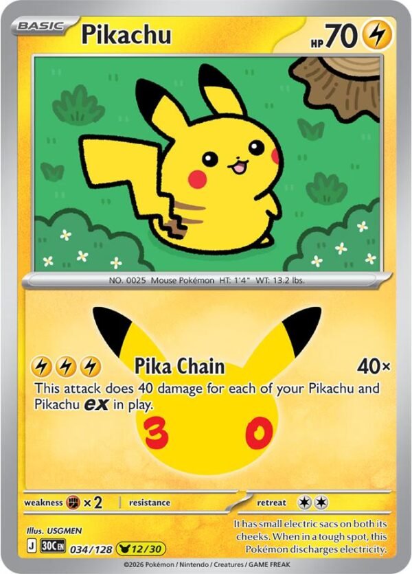 Pikachu - 034/128 | 034/128 | Holofoil | ME: 30th Celebration